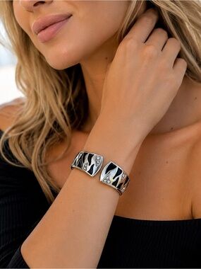 Silver-Tone Black Accent Cuff Bracelet with Crystal Accents